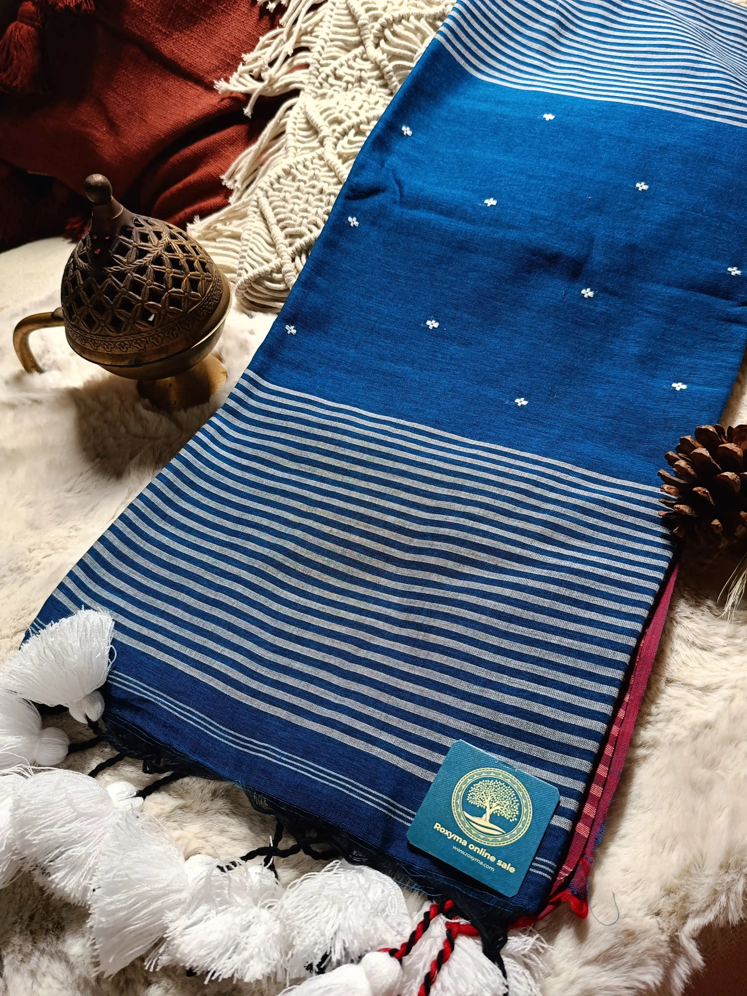 Royal Blue Pure Cotton Jamdani Saree with Handwoven Buti and Striped Pallu | Bengal Handloom Cotton Saree with Running Blouse Piece