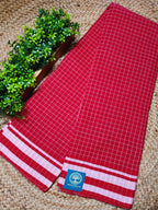 Traditional Pure Cotton Patteda Anchu Saree | Red Checked Handloom Saree with White Border | Karnataka Style Cotton Saree