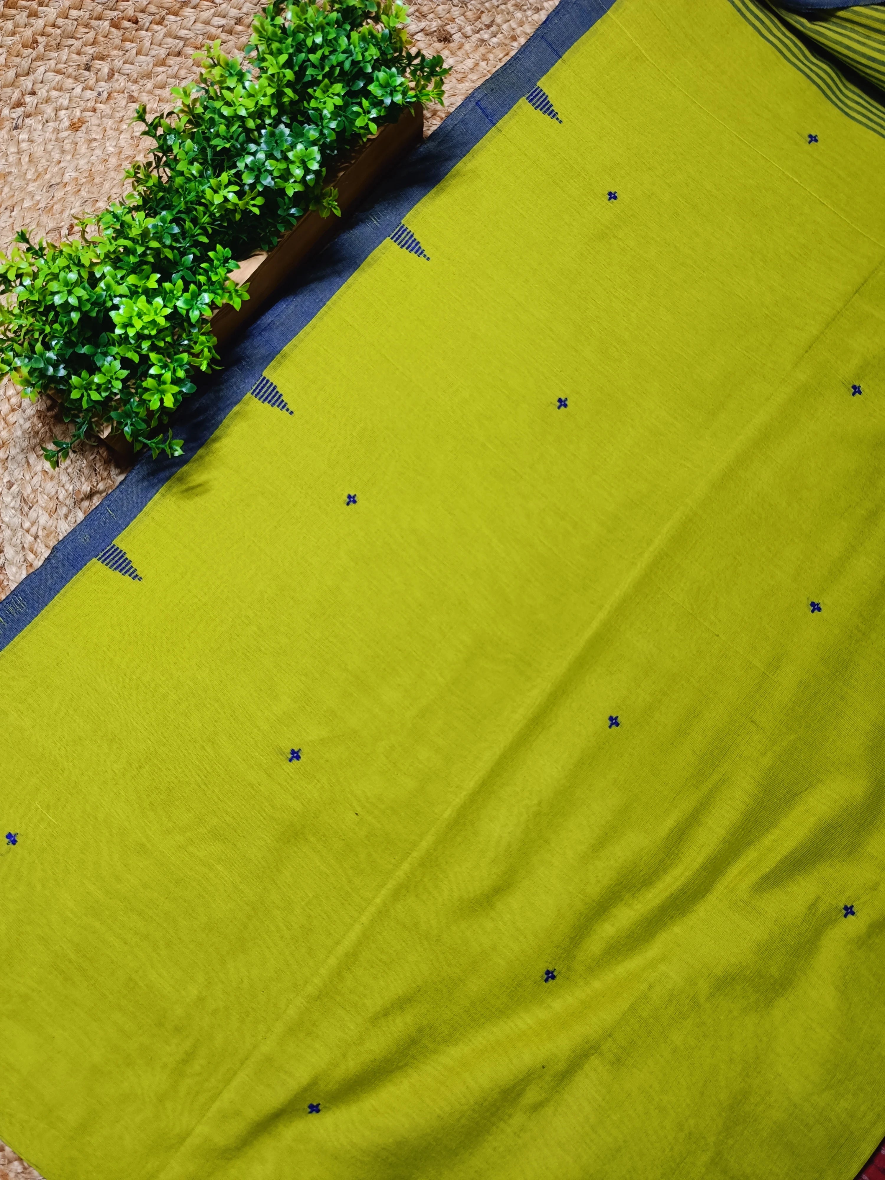 Vibrant Bengal Pure Cotton Saree with Buti Work & Striped Pallu | Lime Green Handloom Cotton Saree with Blouse Piece