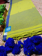 Bengal Pure Cotton Saree with Buti Work & Striped Pallu | Lime Green Handloom Cotton Saree with Blouse Piece
