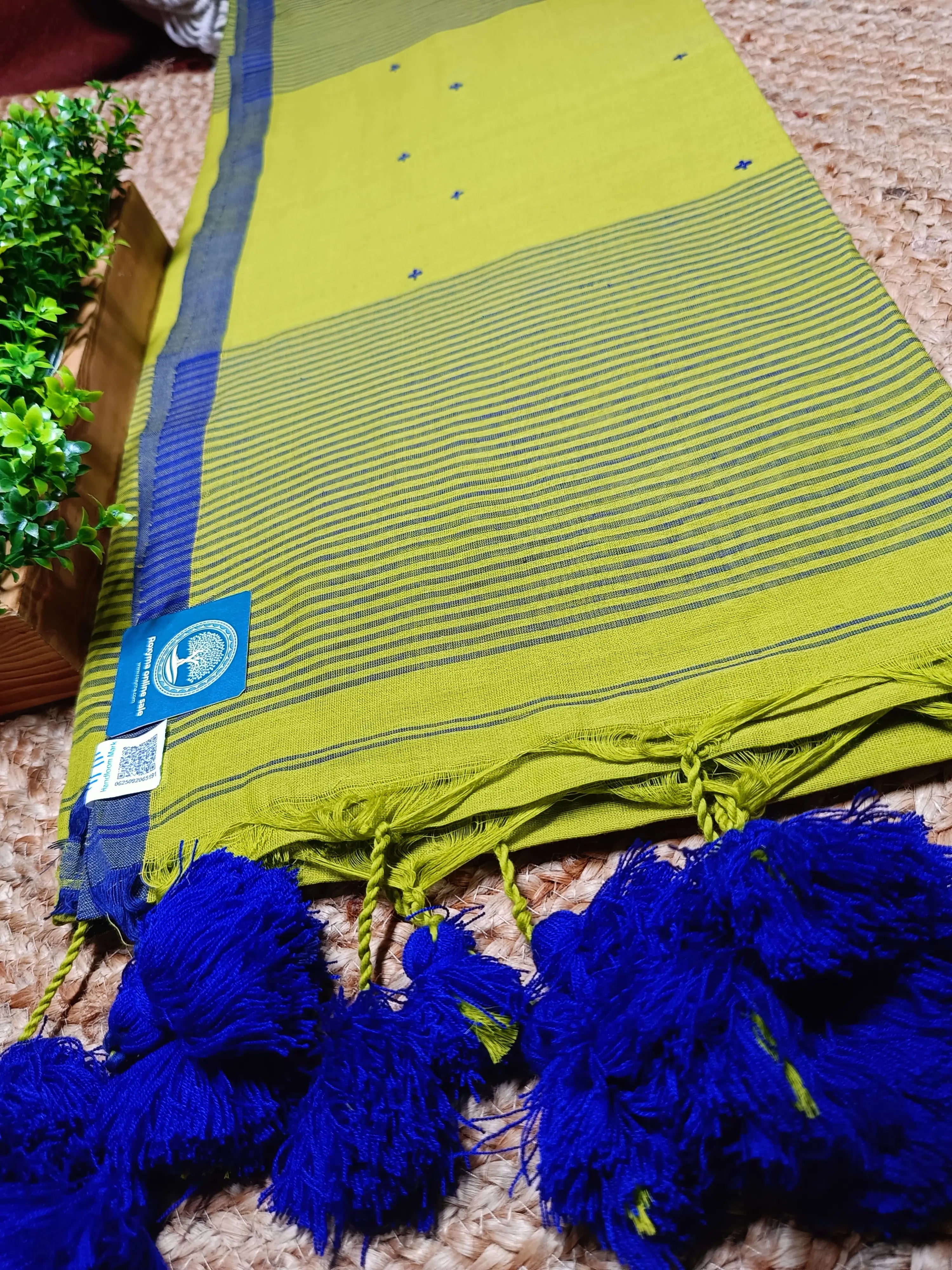 Vibrant Bengal Pure Cotton Saree with Buti Work & Striped Pallu | Lime Green Handloom Cotton Saree with Blouse Piece