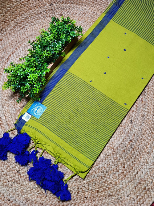 Bengal Pure Cotton Saree with Buti Work & Striped Pallu | Lime Green Handloom Cotton Saree with Blouse Piece