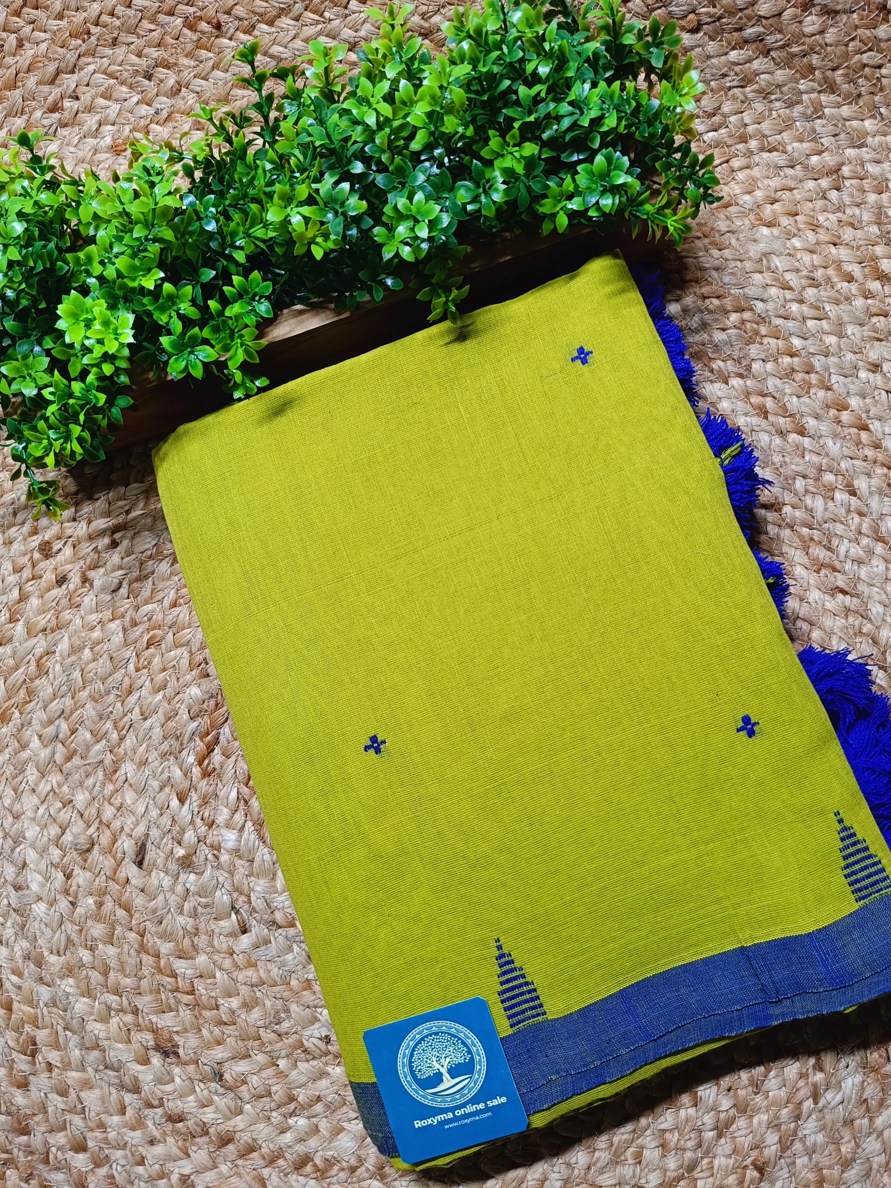 Vibrant Bengal Pure Cotton Saree with Buti Work & Striped Pallu | Lime Green Handloom Cotton Saree with Blouse Piece
