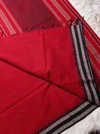 Red Begumpur Handwoven Cotton Saree with Black Temple Border & Stripes | Bengal Handloom Saree