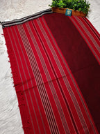 Red Begumpur Handwoven Cotton Saree with Black Temple Border & Stripes | Bengal Handloom Saree