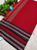 Red Begumpur Handwoven Cotton Saree with Black Temple Border & Stripes | Bengal Handloom Saree
