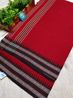 Red Begumpur Handwoven Cotton Saree with Black Temple Border & Stripes | Bengal Handloom Saree