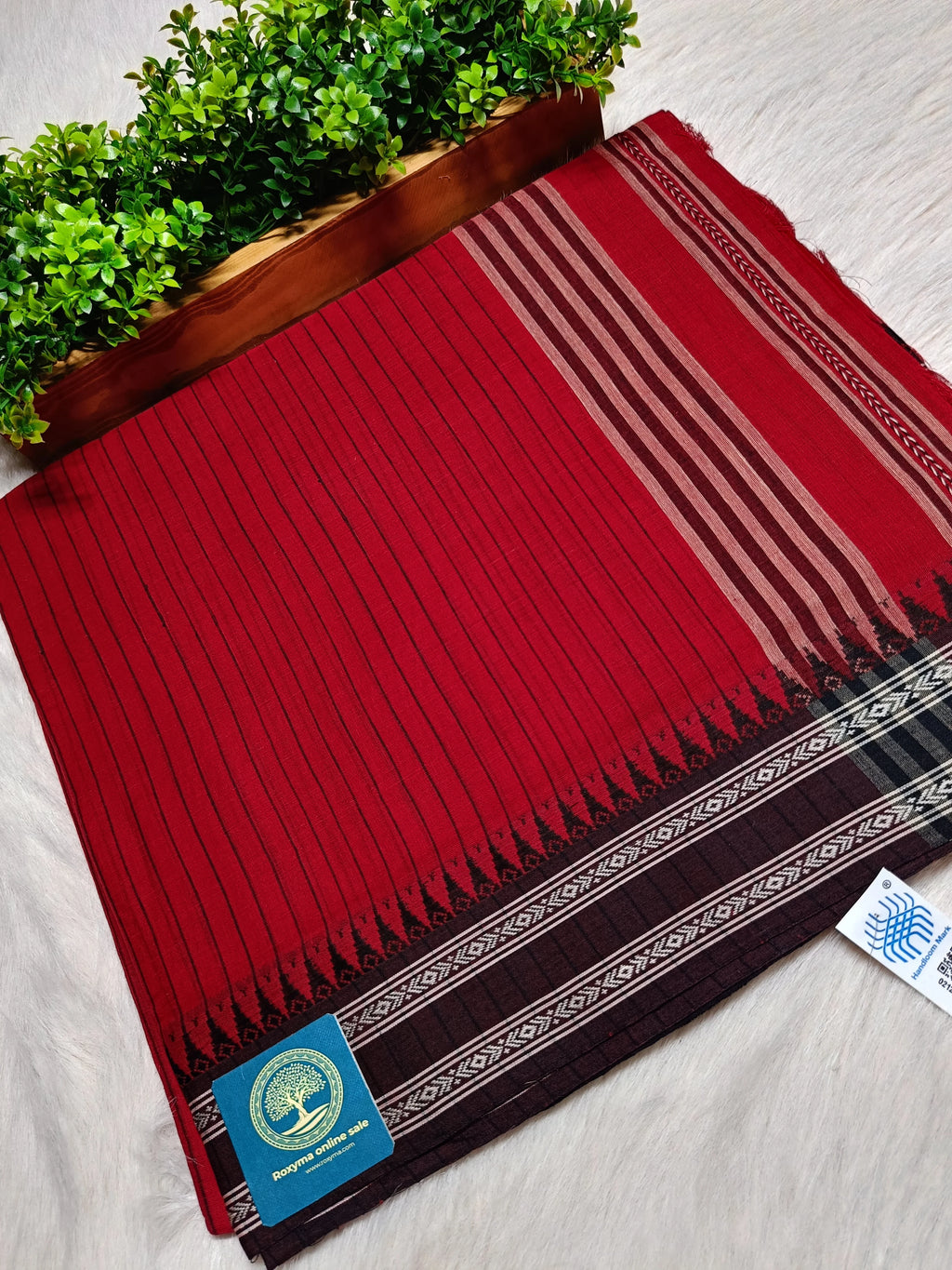 Red Begumpur Handwoven Cotton Saree with Black Temple Border & Stripes | Bengal Handloom Saree