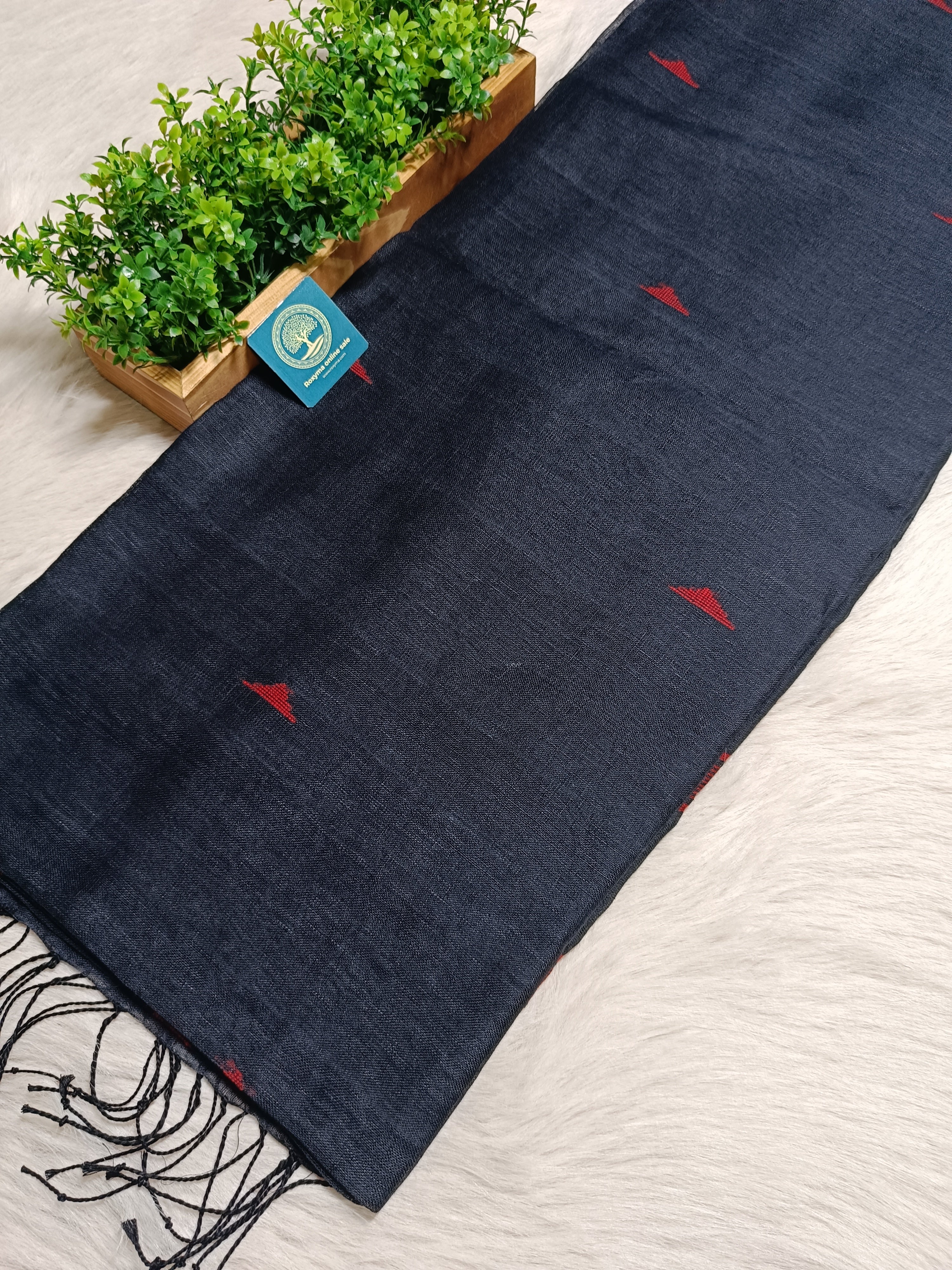 Premium Black Linen Saree with Red Jamdani Temple Border & Buties with Running Blouse Piece
