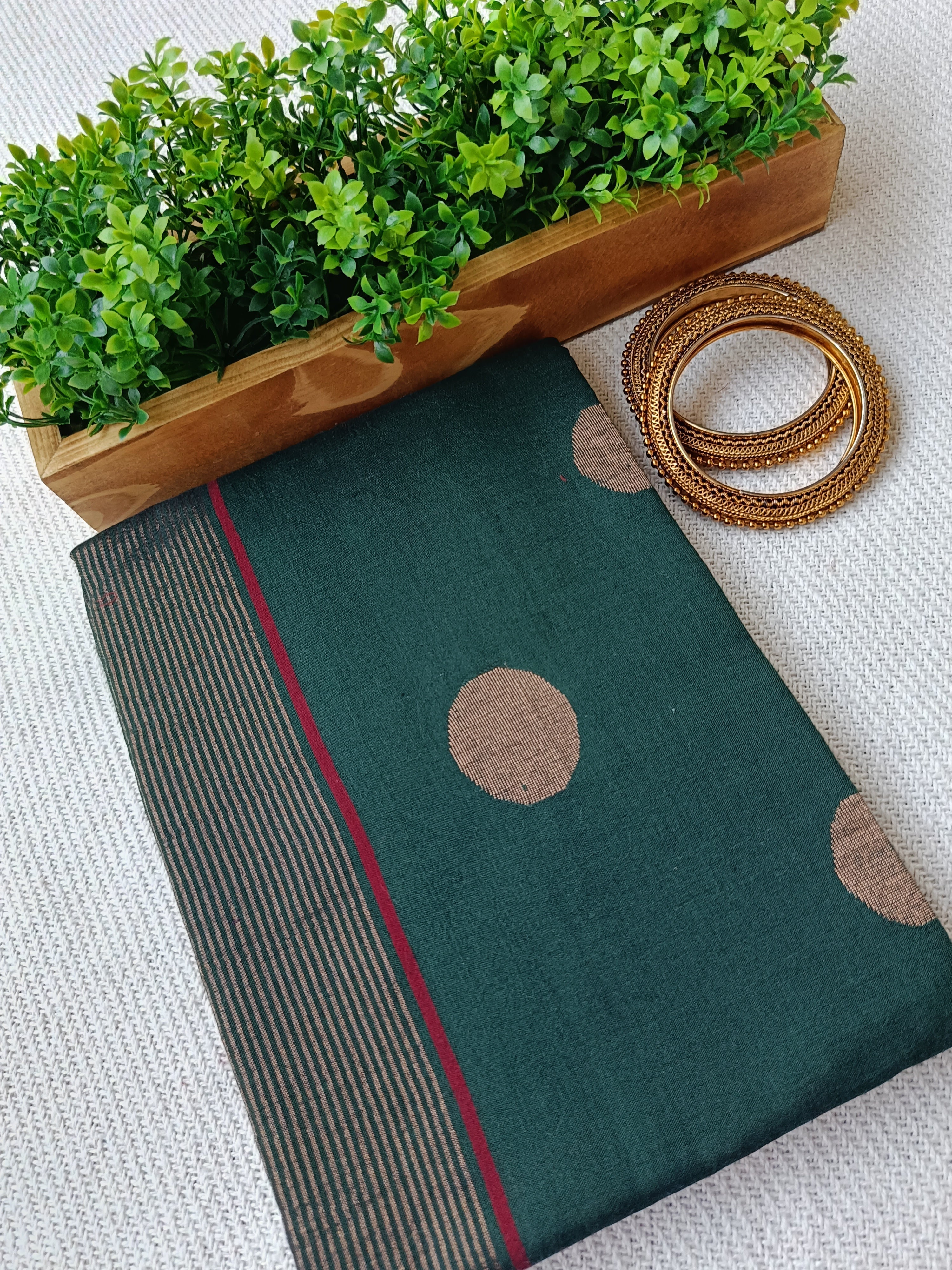 Pure Cotton Jamdani Woven Unstitched Dress Material Set – Dark green with red highlighted & golden zari buties,Suit Fabric with Dupatta