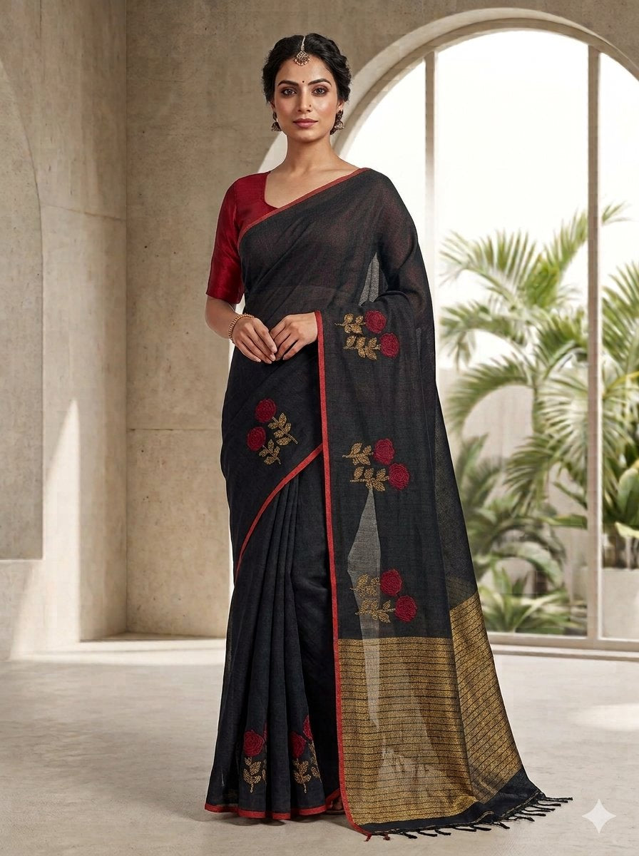 Pure Linen-by-Linen Saree Black with Crimson Jamdani Floral Motifs & Striped Pallu