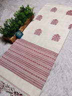 Pure Handloom Bengal Cotton Saree – Traditional Red and White with Ornate Geometric Motifs