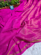Handwoven Magenta Jaishree Linen Jamdani Saree with Golden Zari Pallu