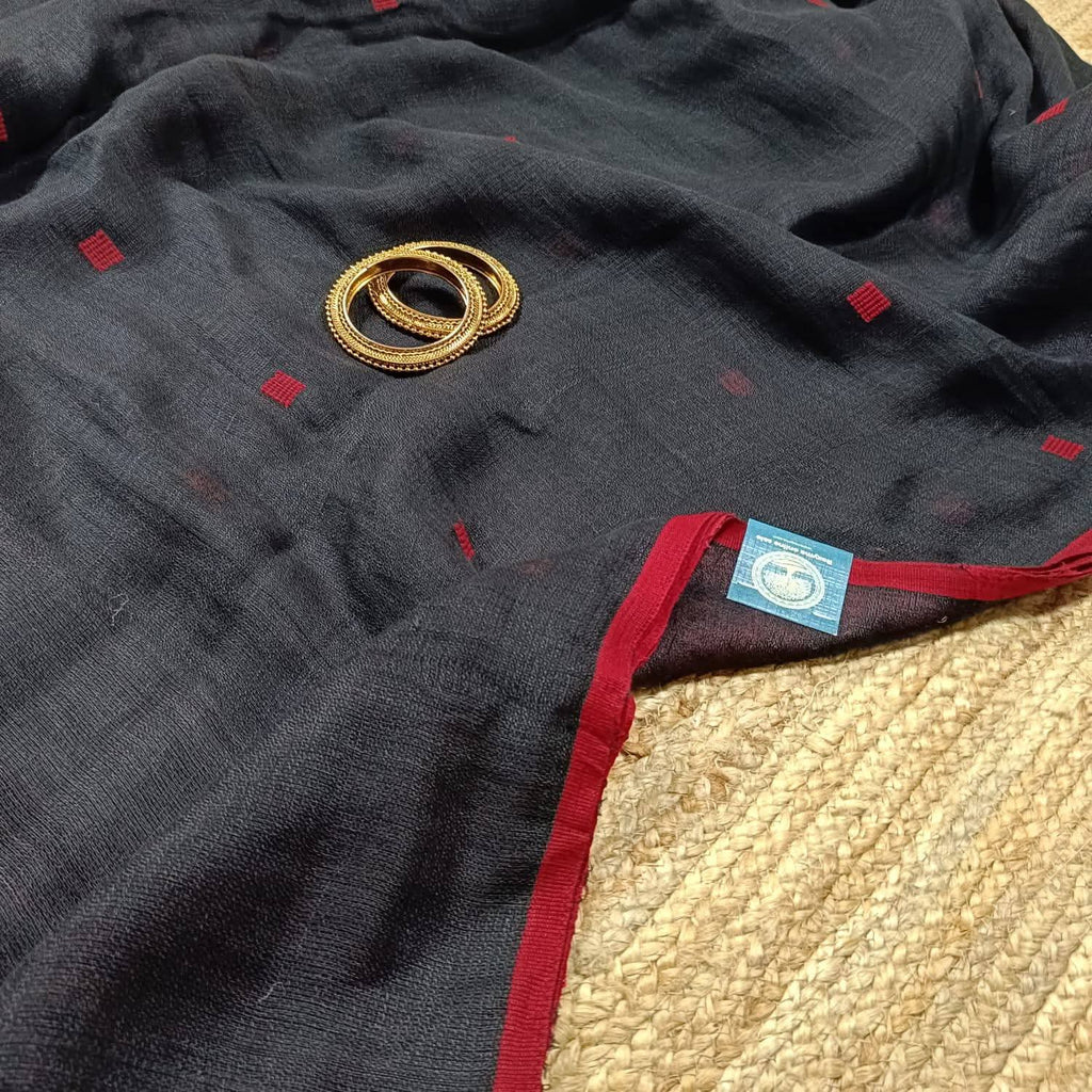 Premium Black Linen Saree with Red Jamdani Buties & Contrast Running Blouse Piece