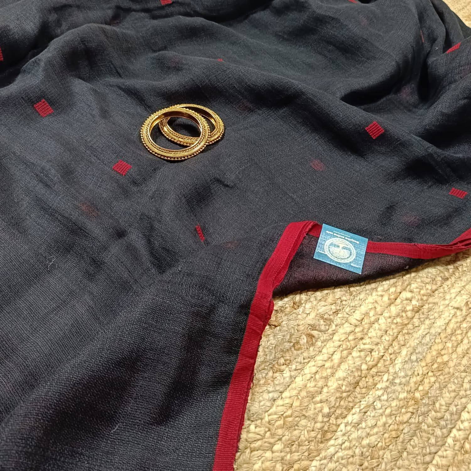 Premium Black Linen Saree with Red Jamdani Buties & Contrast Running Blouse Piece