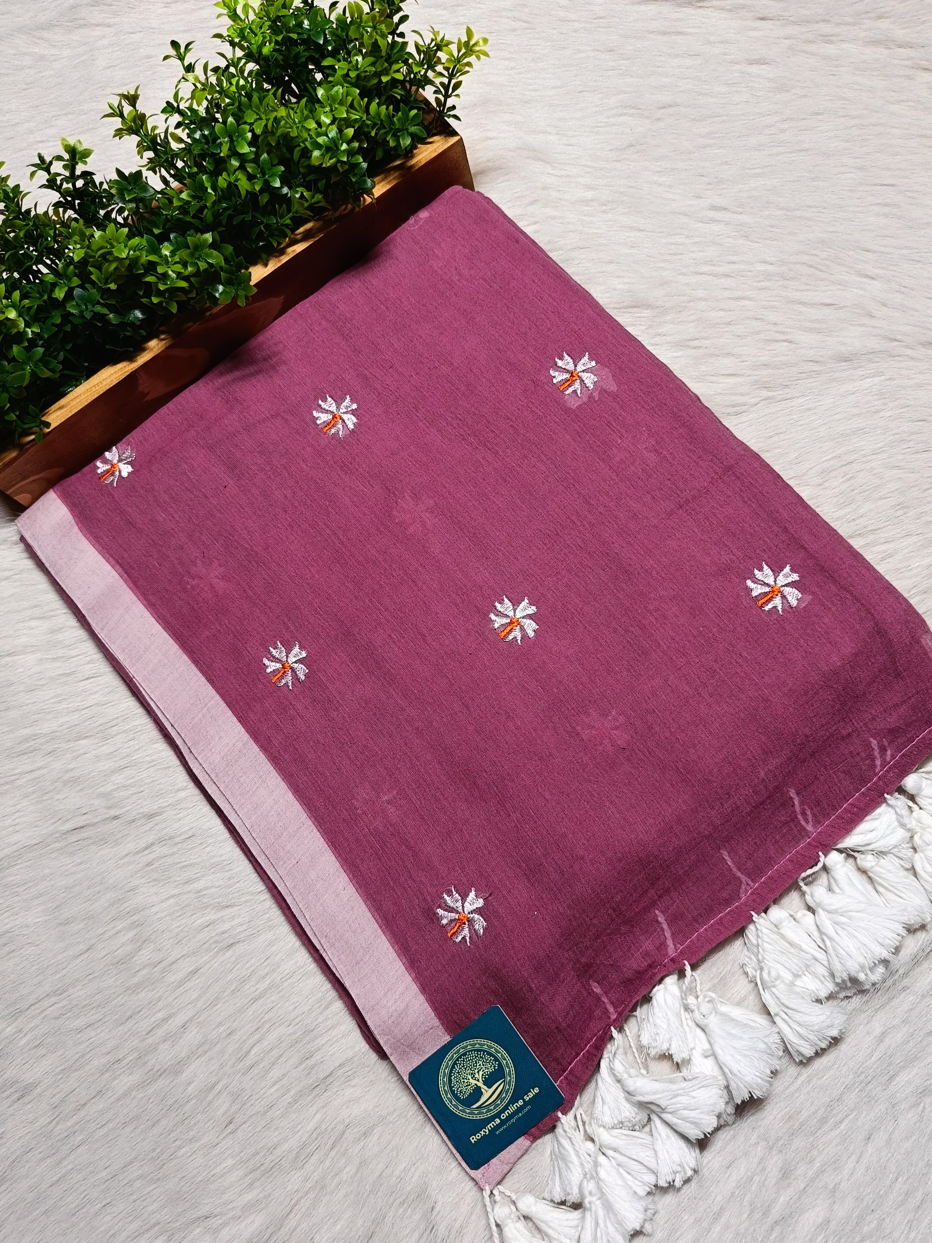 Pure Mulmul Cotton Saree with Seuli Flower Embroidery