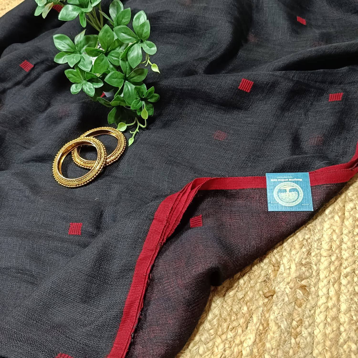 Premium Black Linen Saree with Red Jamdani Buties & Contrast Running Blouse Piece
