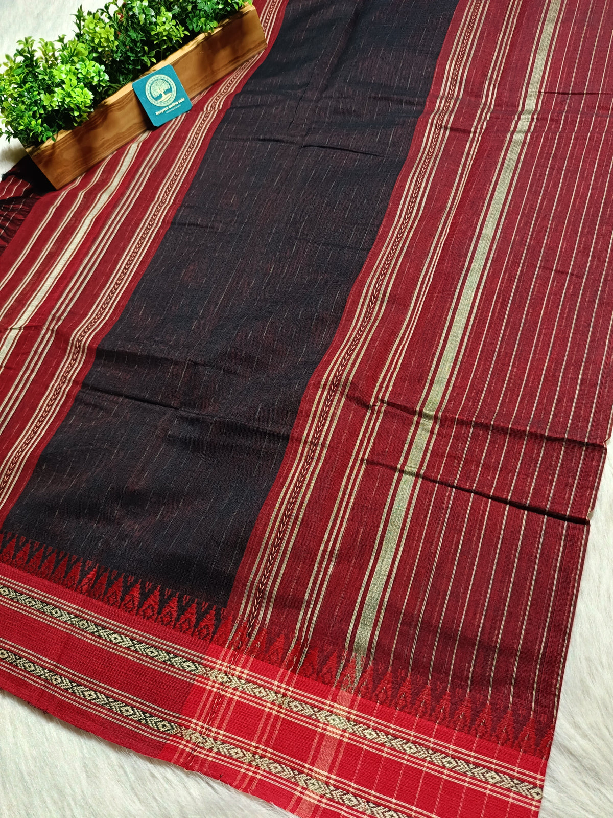 Dhaniyakhali Cotton Saree with Stripes & Vibrant Red Border