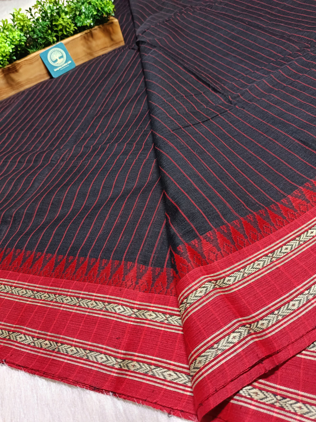 Dhaniyakhali Cotton Saree with Stripes & Vibrant Red Border