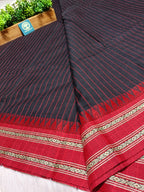 Dhaniyakhali Cotton Saree with Stripes & Vibrant Red Border