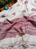 Pure Handloom Bengal Cotton Saree – Traditional Red and White with Ornate Geometric Motifs