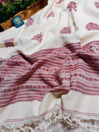 Pure Handloom Bengal Cotton Saree – Traditional Red and White with Ornate Geometric Motifs