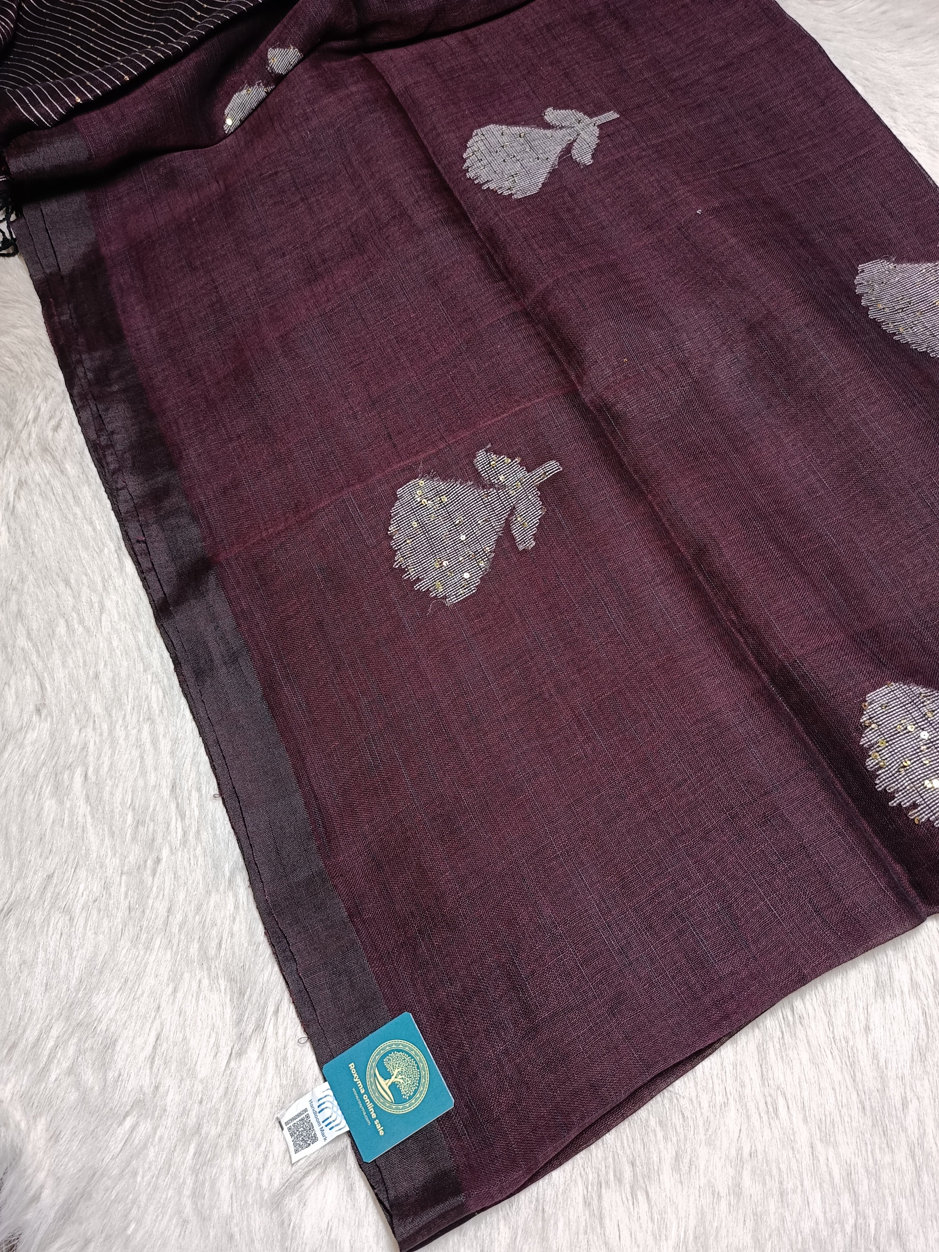 Pure Linen Handwoven Saree with Sequin Floral Motifs & Running Blouse Piece