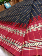 Dhaniyakhali Cotton Saree with Stripes & Vibrant Red Border