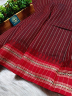 Dhaniyakhali Cotton Saree with Stripes & Vibrant Red Border