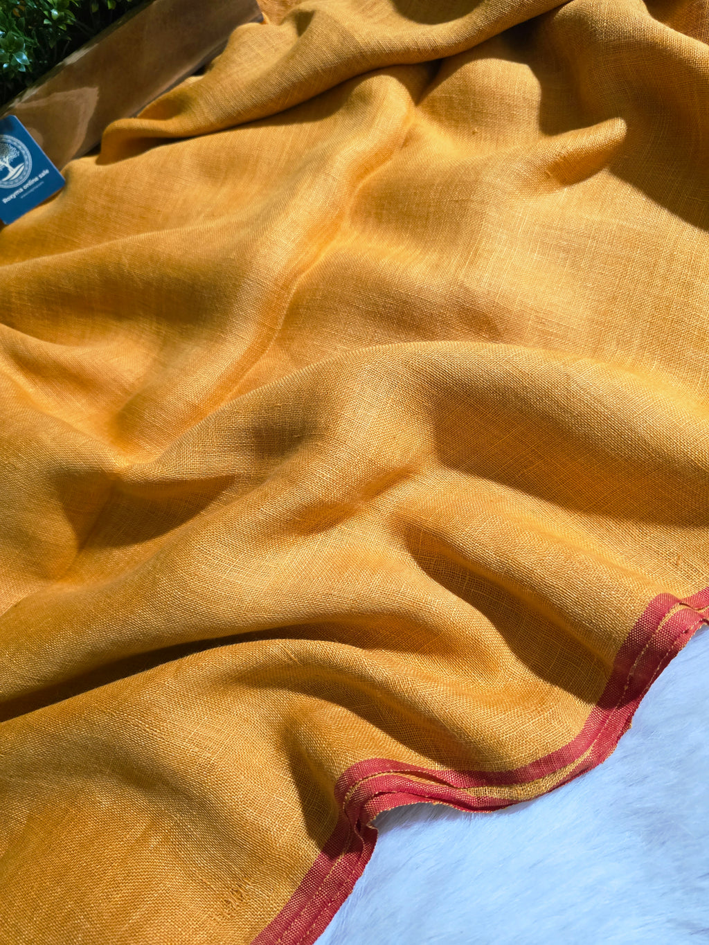 Mustard Jaishree Linen Saree with Handwoven Jamdani Pallu