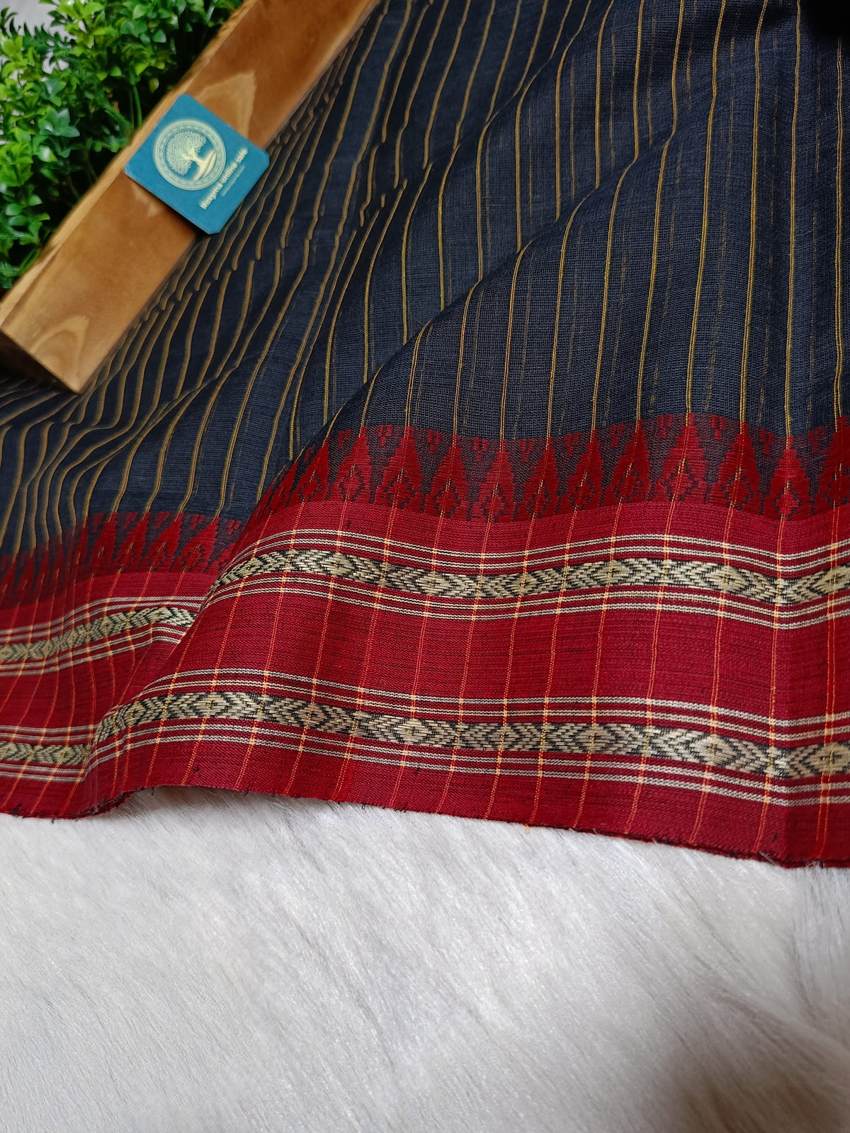 Dhaniyakhali Cotton Saree with Stripes & Vibrant Red Border