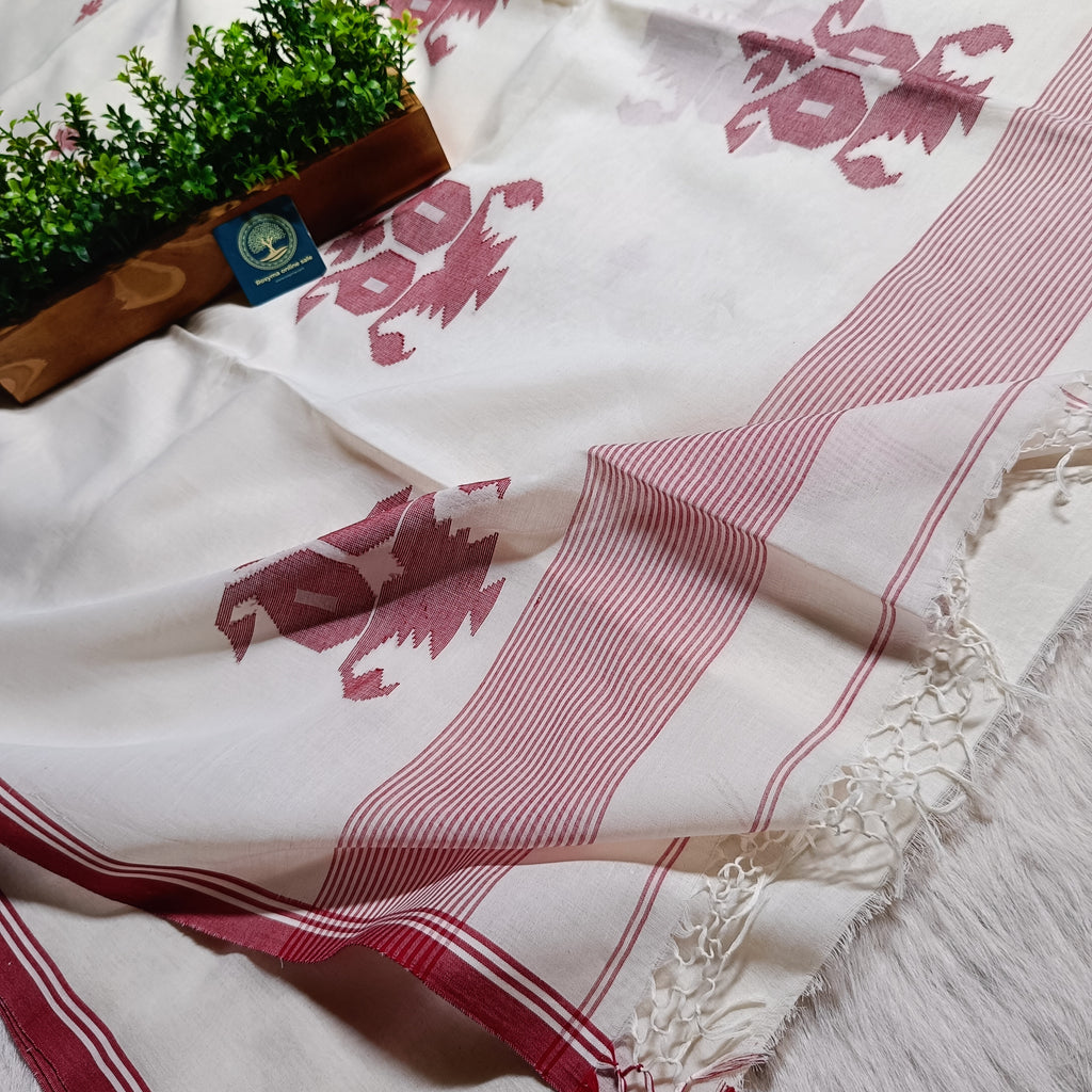 Pure Handloom Bengal Jamdani Saree – Traditional Red and White with Designer Blouse Piece