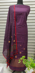 Pure Cotton suit with Jamdani Golden Zari  Butties in Plum Shed. Unstitched Dress Material Set of 2