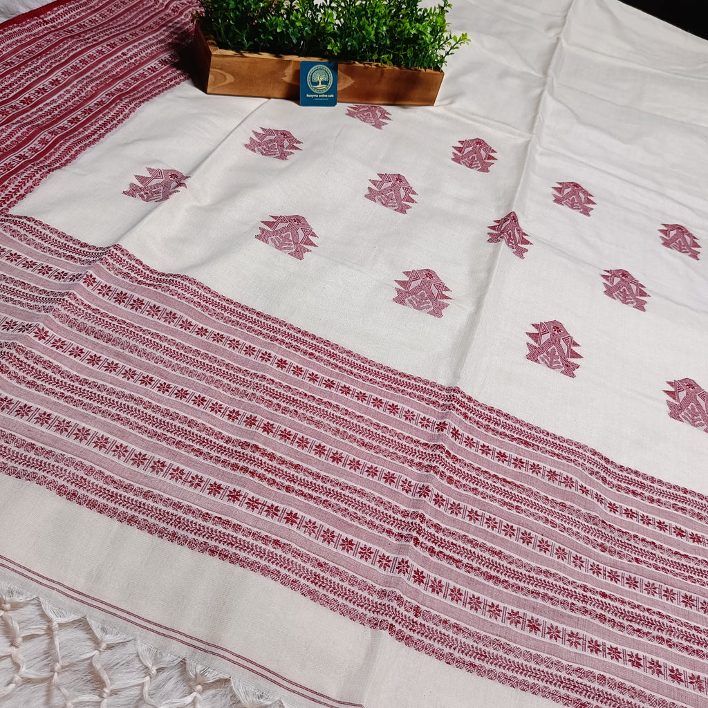 Pure Handloom Bengal Cotton Saree – Traditional Red and White with Ornate Geometric Motifs