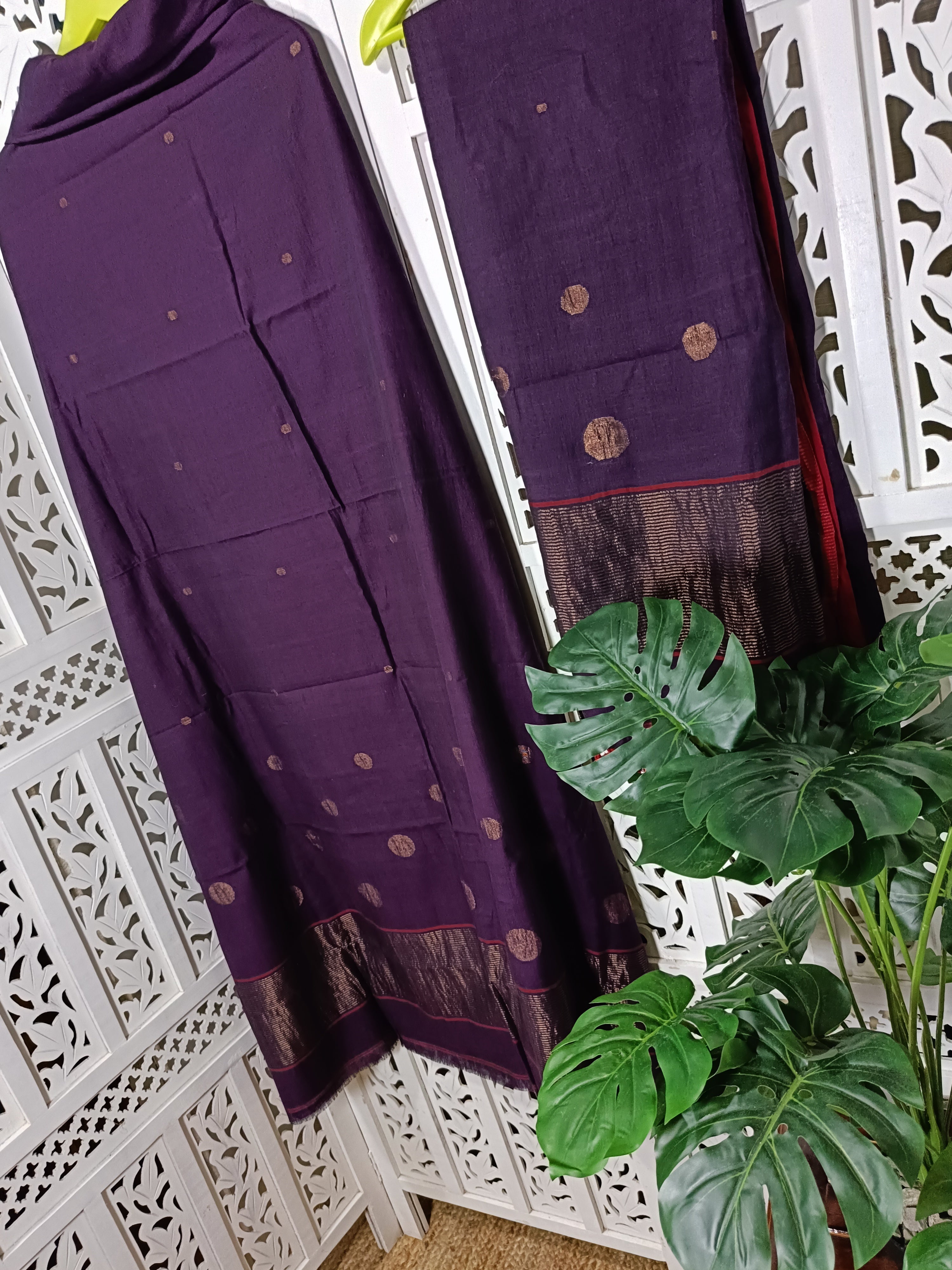Pure Cotton suit with Jamdani Golden Zari  Butties in Plum Shed. Unstitched Dress Material Set of 2