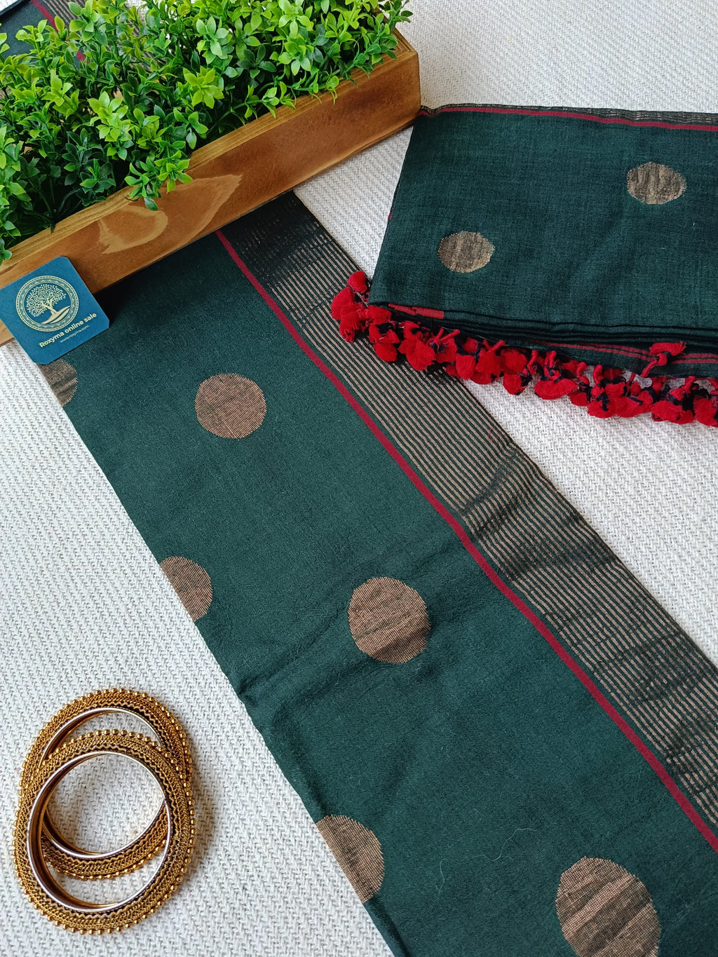 Pure Cotton Jamdani Woven Unstitched Dress Material Set – Dark green with red highlighted & golden zari buties,Suit Fabric with Dupatta