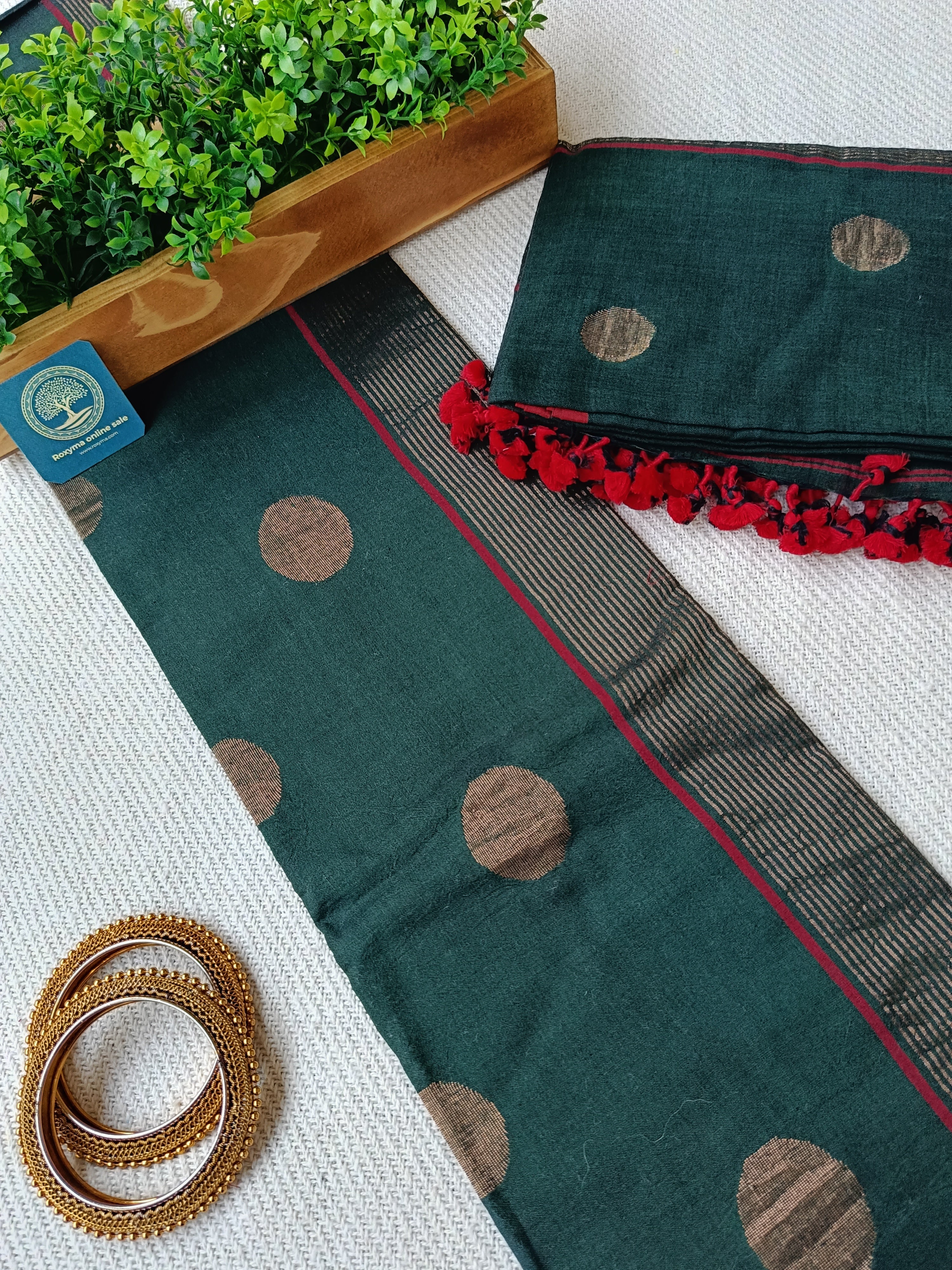 Pure Cotton Jamdani Woven Unstitched Dress Material Set – Dark green with red highlighted & golden zari buties,Suit Fabric with Dupatta