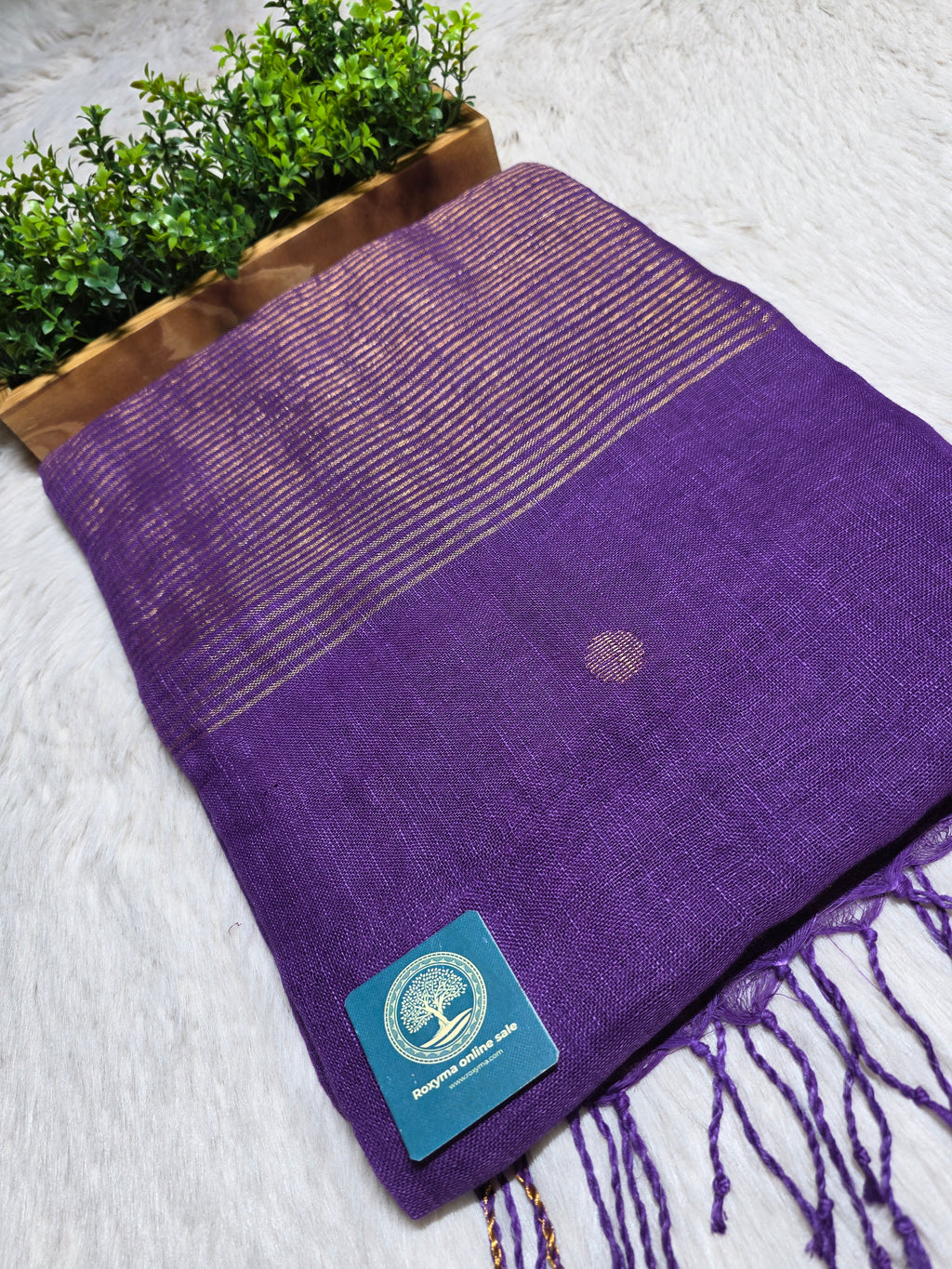 Pure Linen-by-Linen Saree – Royal Purple with Gold Zari Jamdani Buttas & Striped Pallu