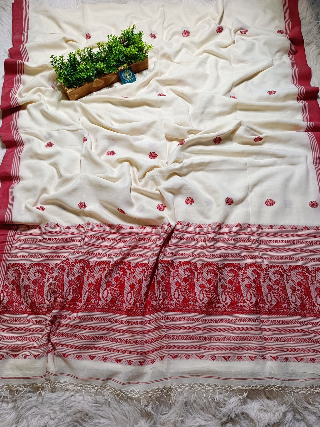 Traditional Red and White Soft Cotton Baluchuri Saree with Blouse Piece – Pure Handloom