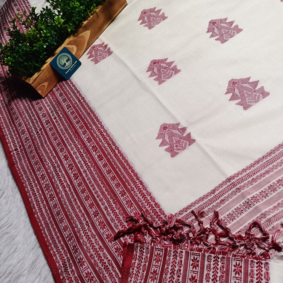 Pure Handloom Bengal Cotton Saree – Traditional Red and White with Ornate Geometric Motifs