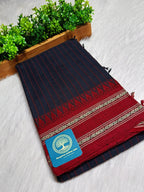 Dhaniyakhali Cotton Saree with Stripes & Vibrant Red Border