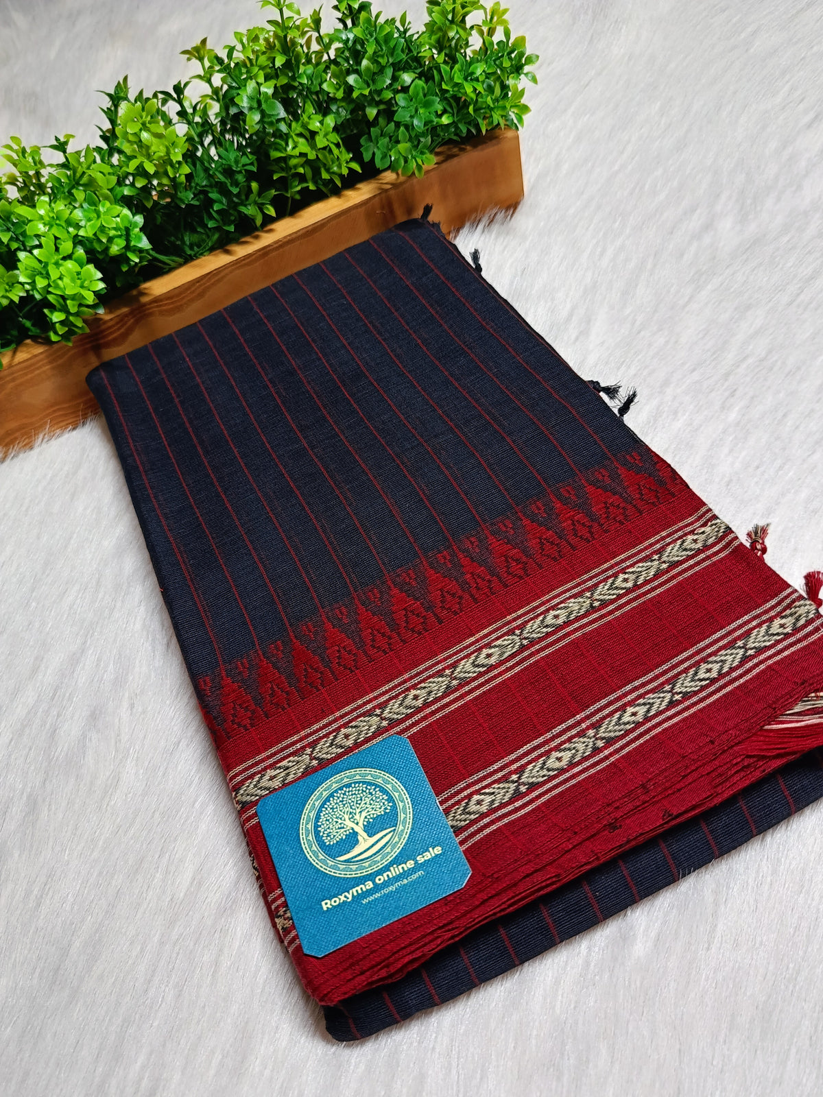 Dhaniyakhali Cotton Saree with Stripes & Vibrant Red Border
