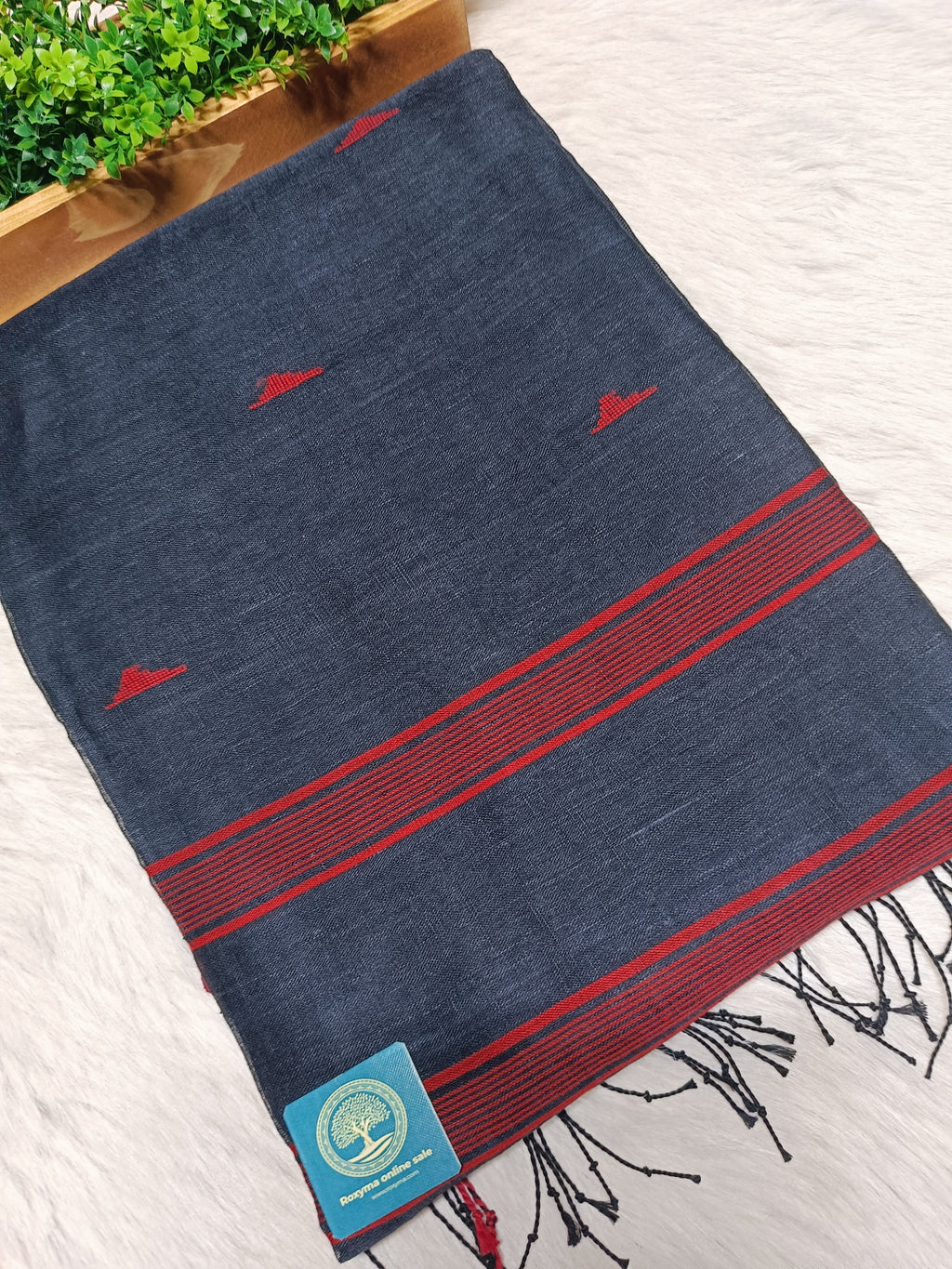 Premium Black Linen Saree with Red Jamdani Temple Border & Buties with Running Blouse Piece