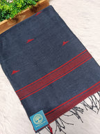 Premium Black Linen Saree with Red Jamdani Temple Border & Buties with Running Blouse Piece