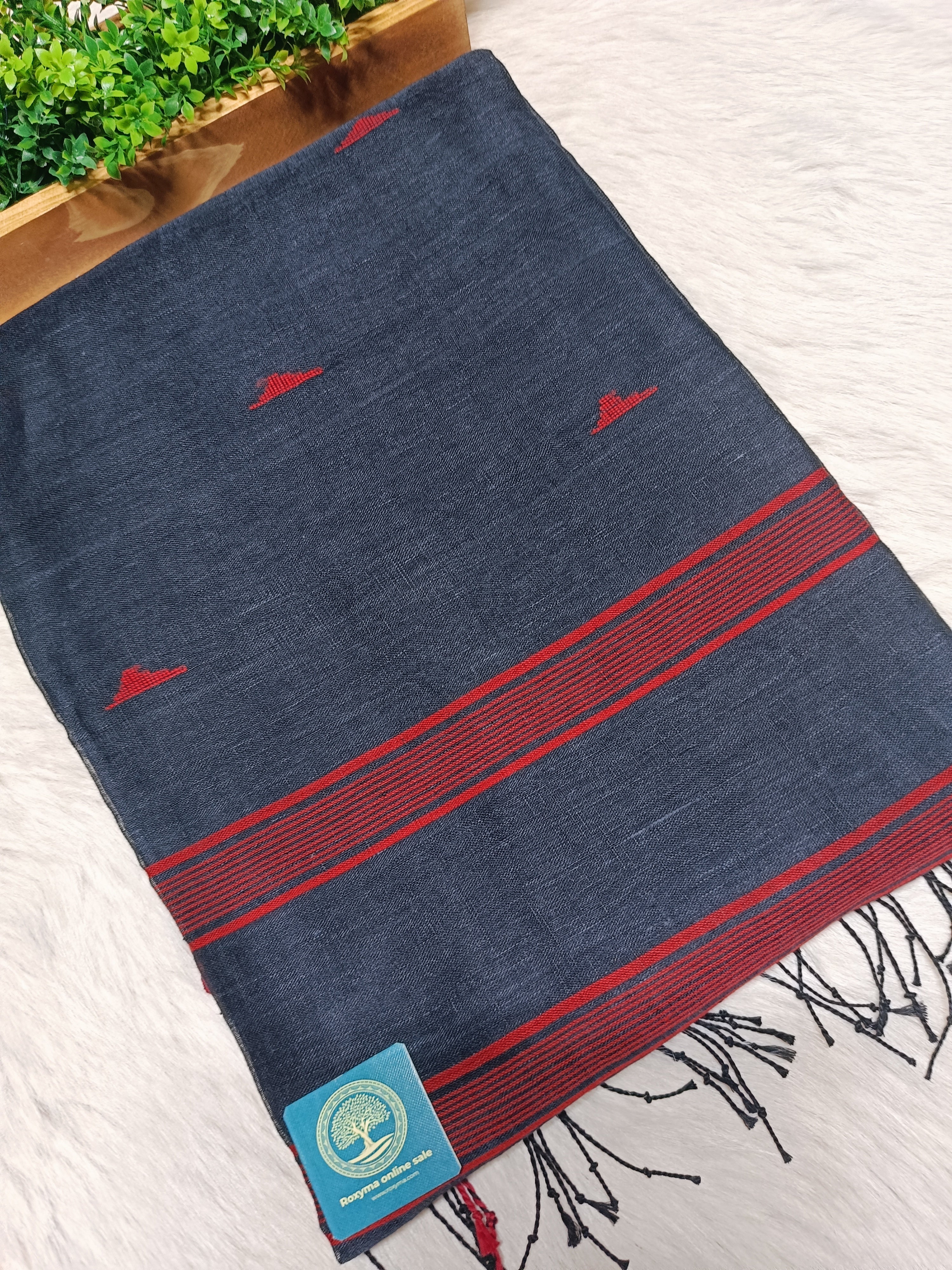 Premium Black Linen Saree with Red Jamdani Temple Border & Buties with Running Blouse Piece