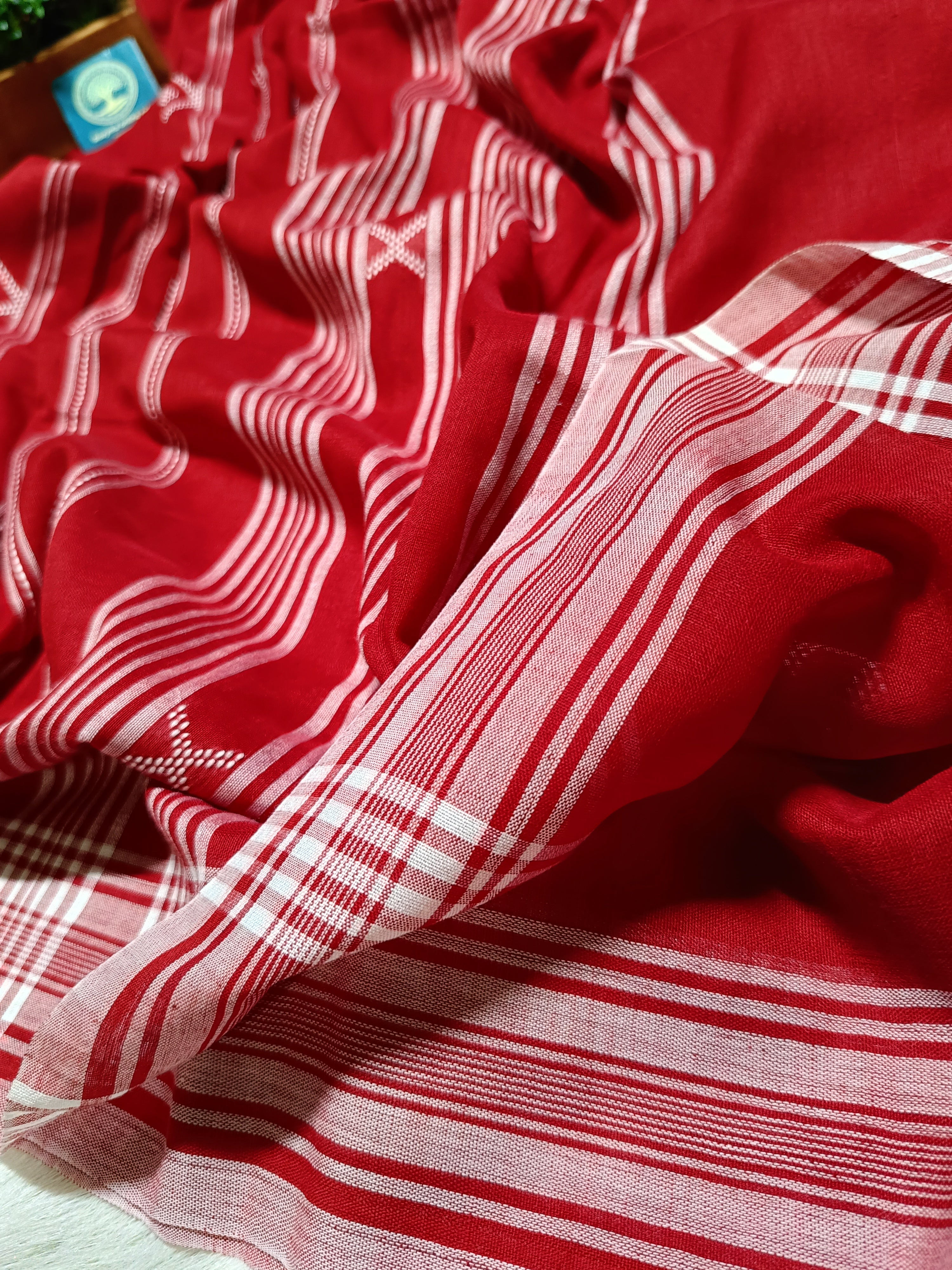 Red Cotton Jamdani Saree with Bhujodi-Style Weaving