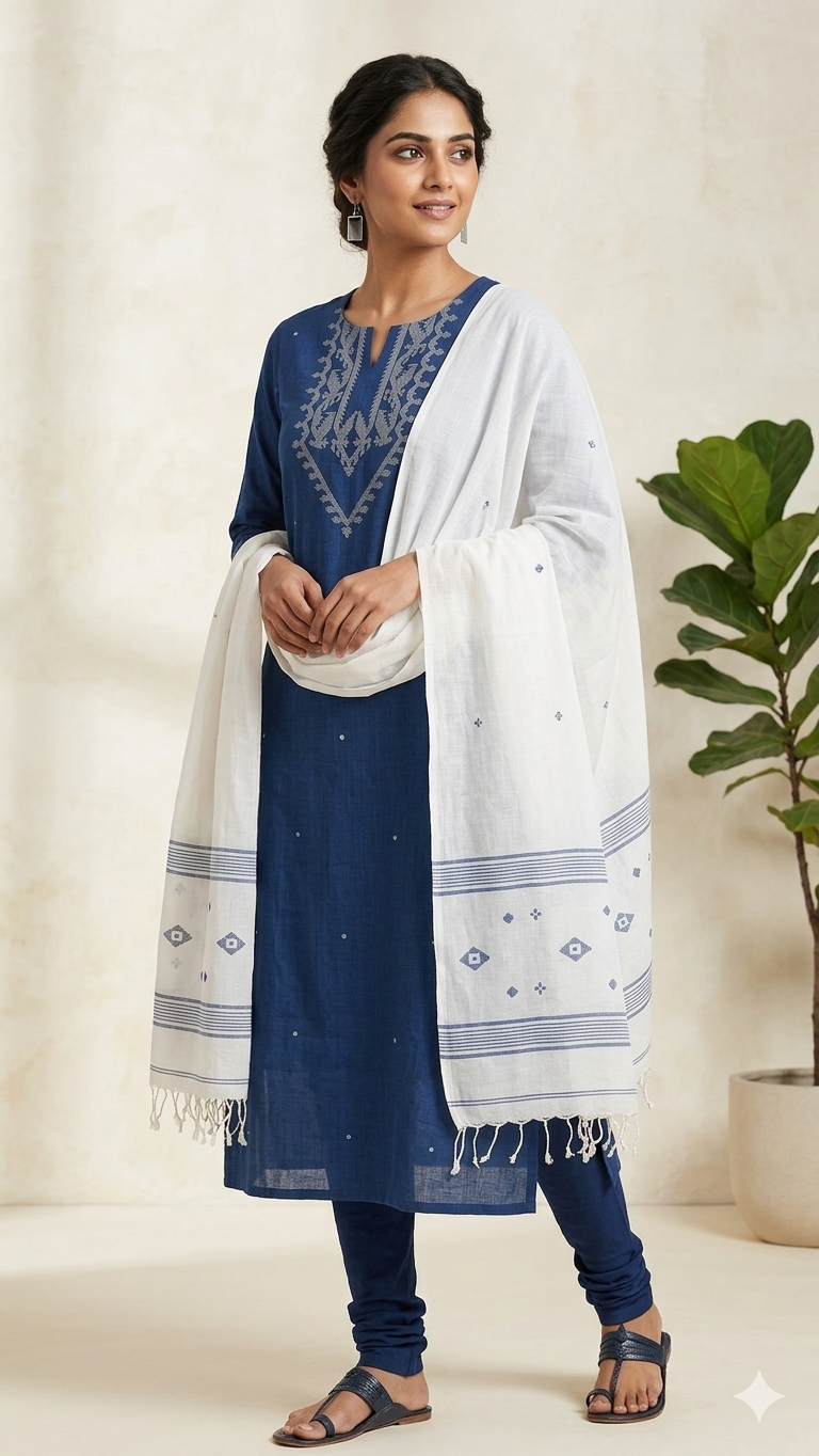 Royal Blue Handloom Cotton Jamdani Dress Material Set