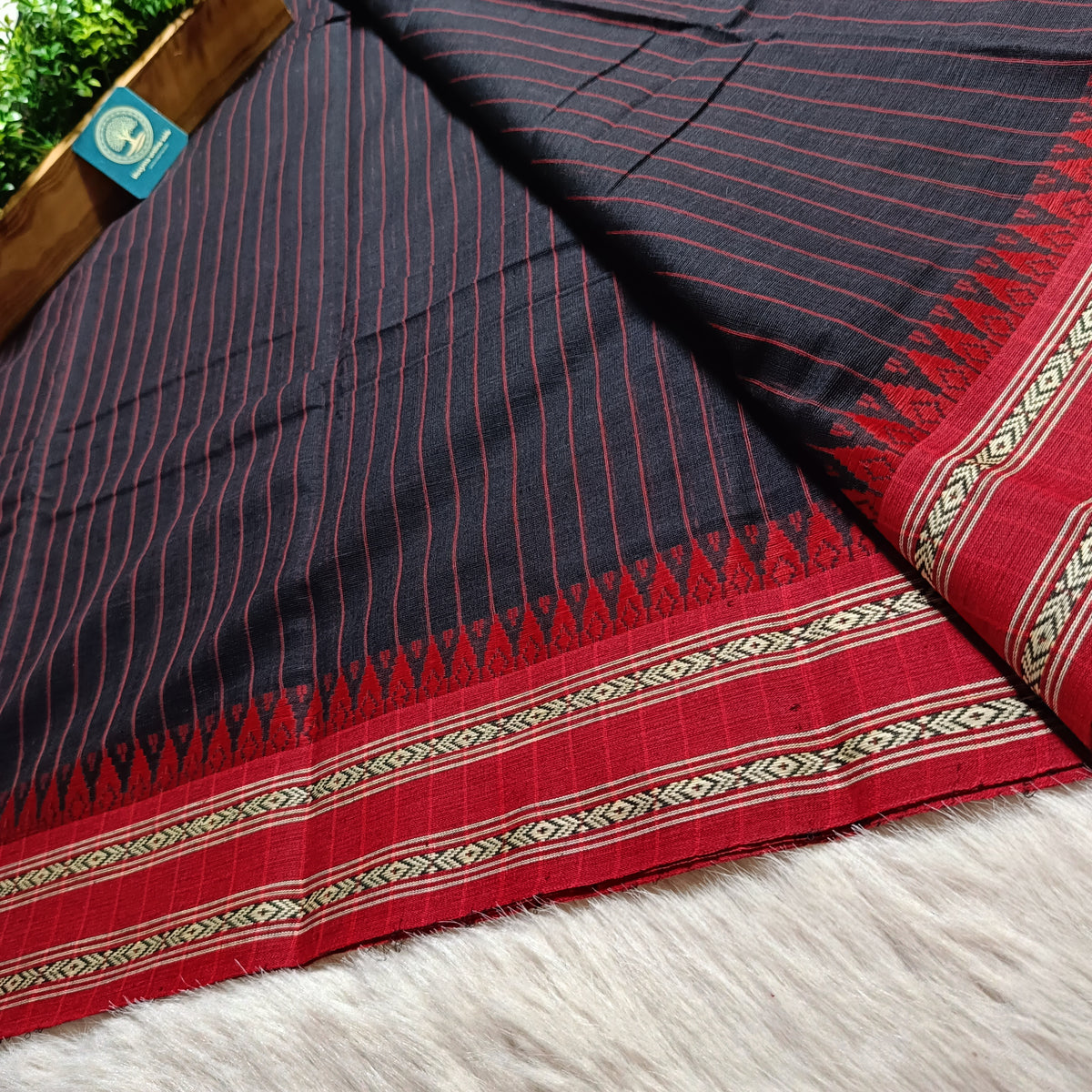 Dhaniyakhali Cotton Saree with Stripes & Vibrant Red Border