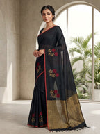 Pure Linen-by-Linen Saree Black with Crimson Jamdani Floral Motifs & Striped Pallu