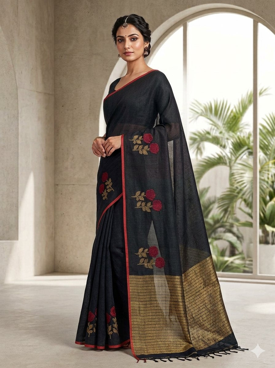 Pure Linen-by-Linen Saree Black with Crimson Jamdani Floral Motifs & Striped Pallu